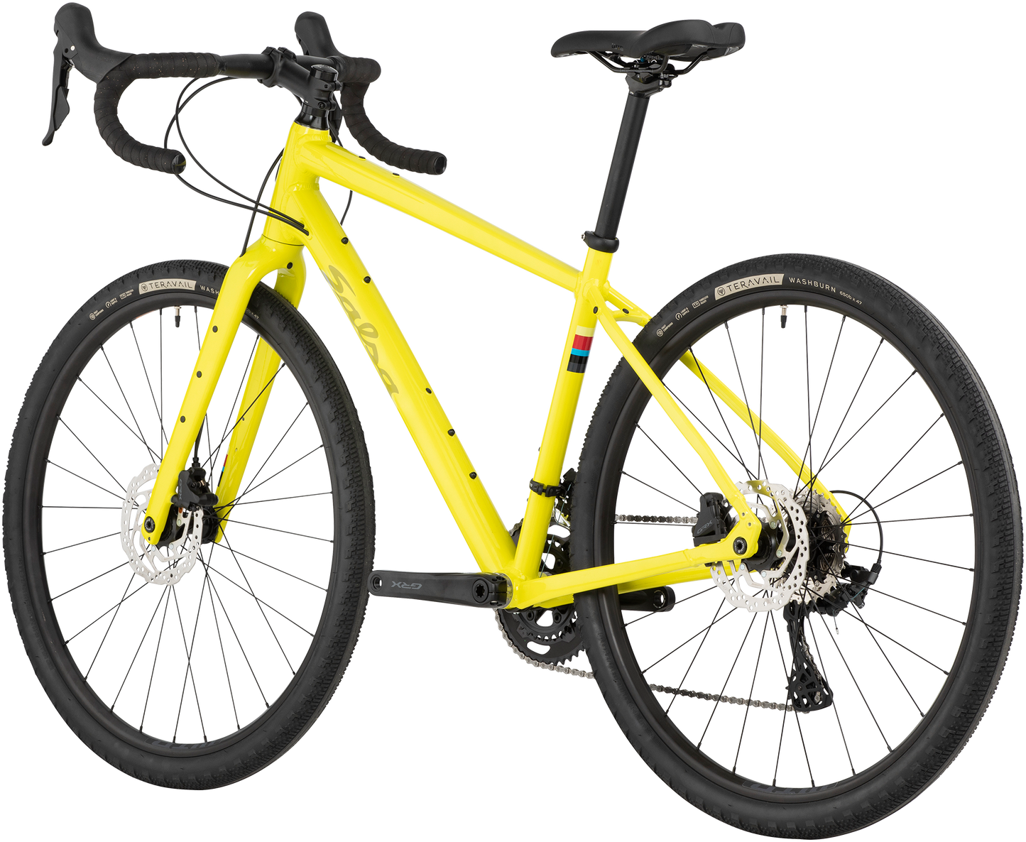 Salsa Journeyer GRX 600 650b bike, yellow, rear three-quarter view on white background