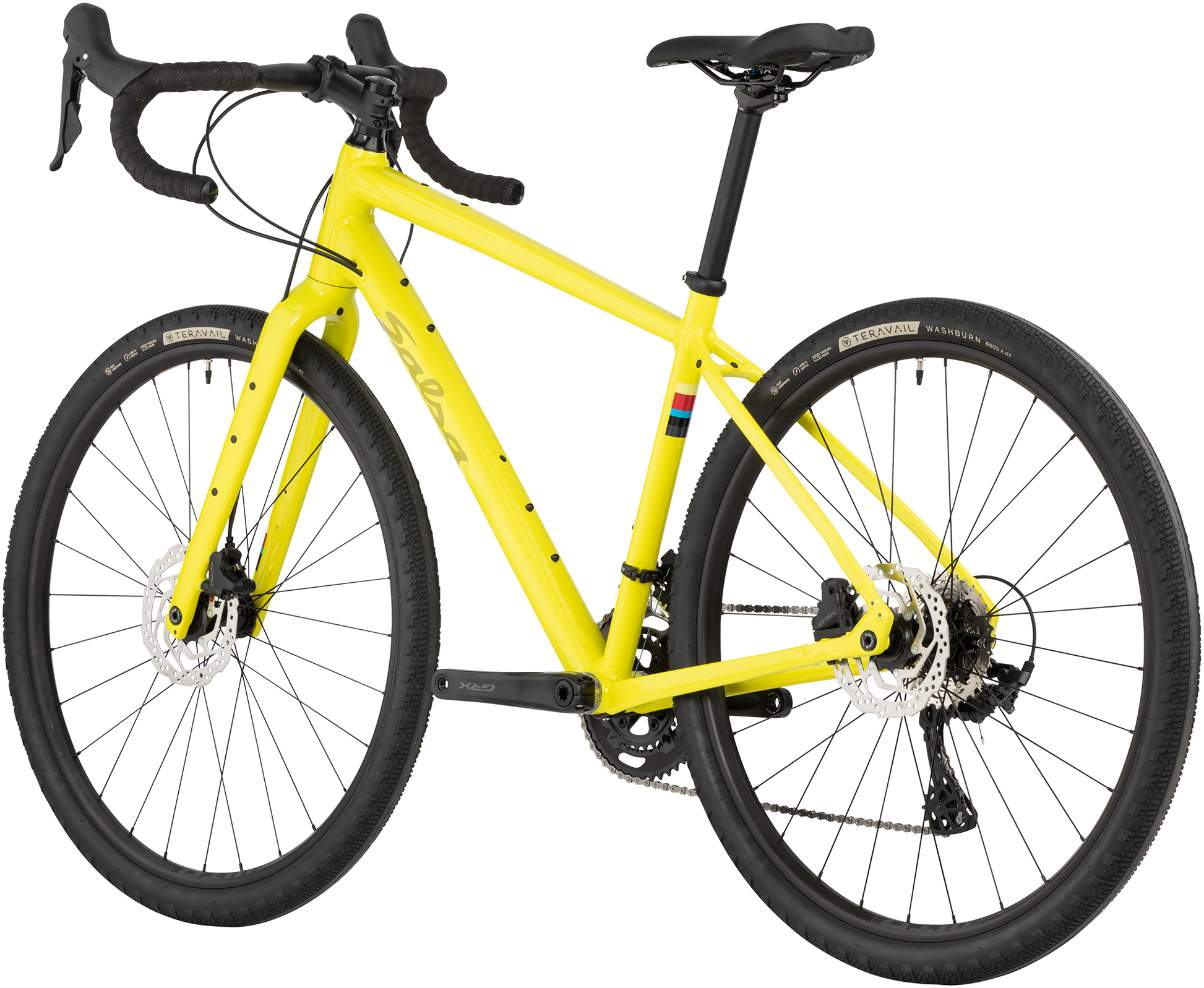 Salsa Journeyer GRX 600 650b bike, yellow, rear three-quarter view on white background