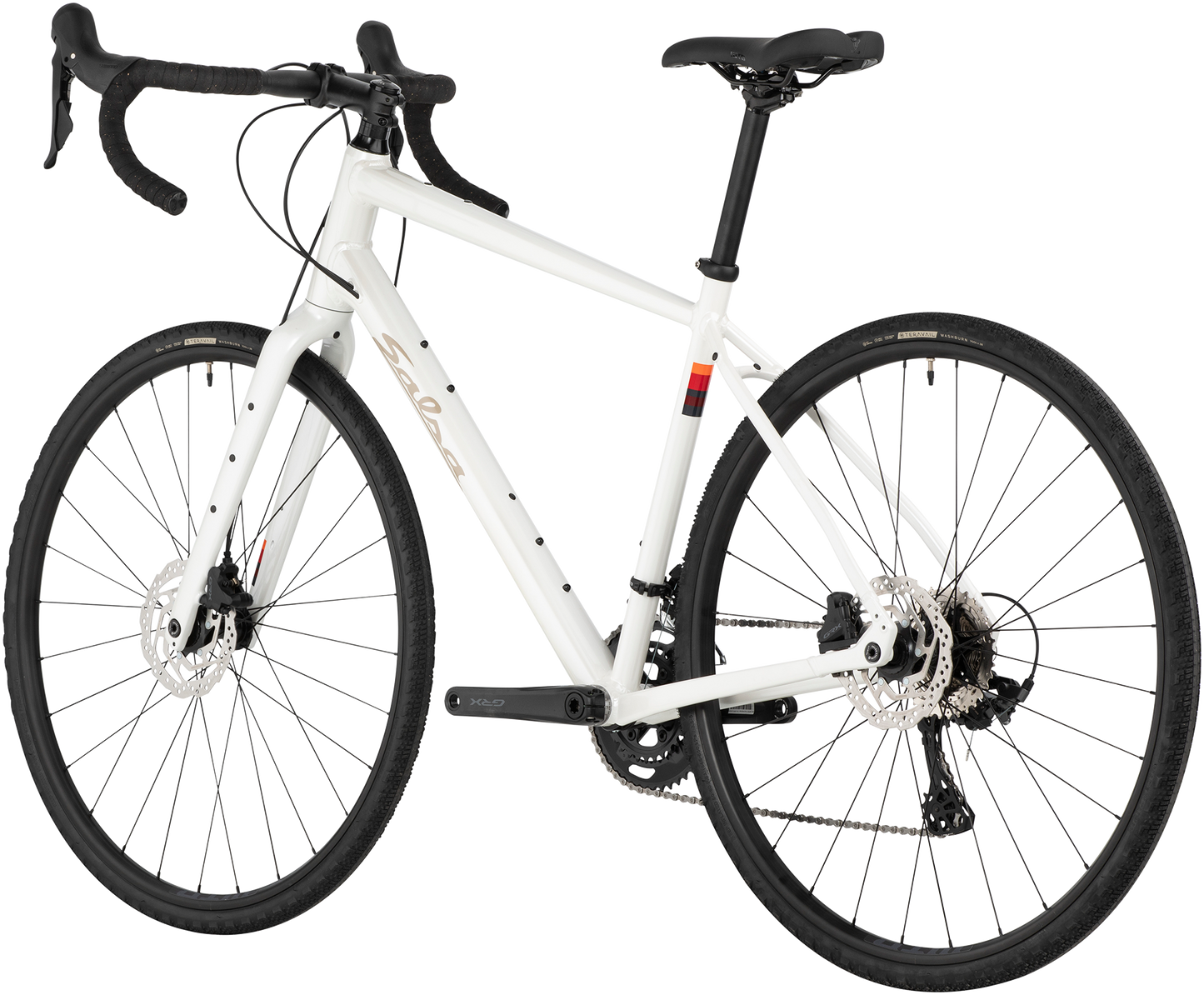 Salsa Journeyer GRX 600 700c bike, white, rear three-quarter view on white background