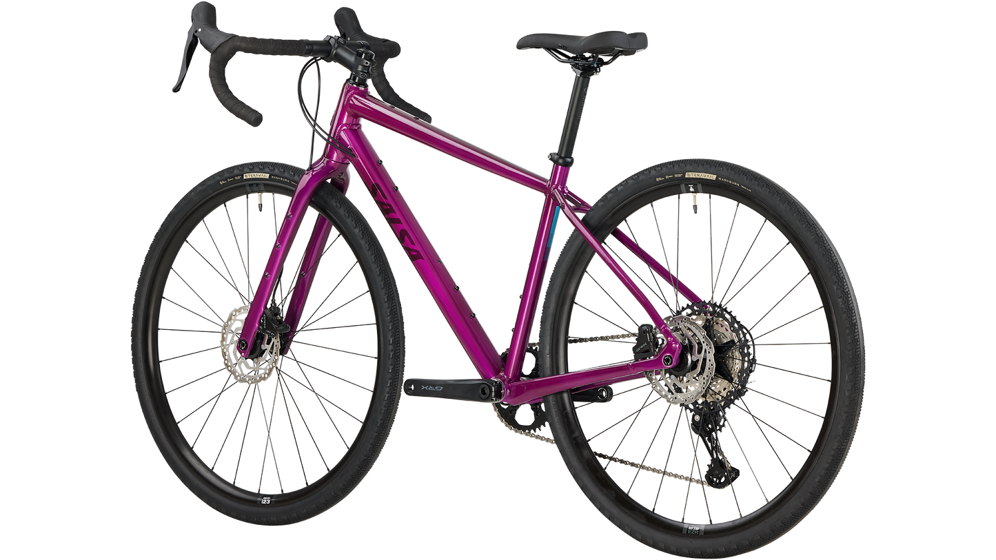 Salsa Journeyer GRX 610 bike magenta rear three-quarter view