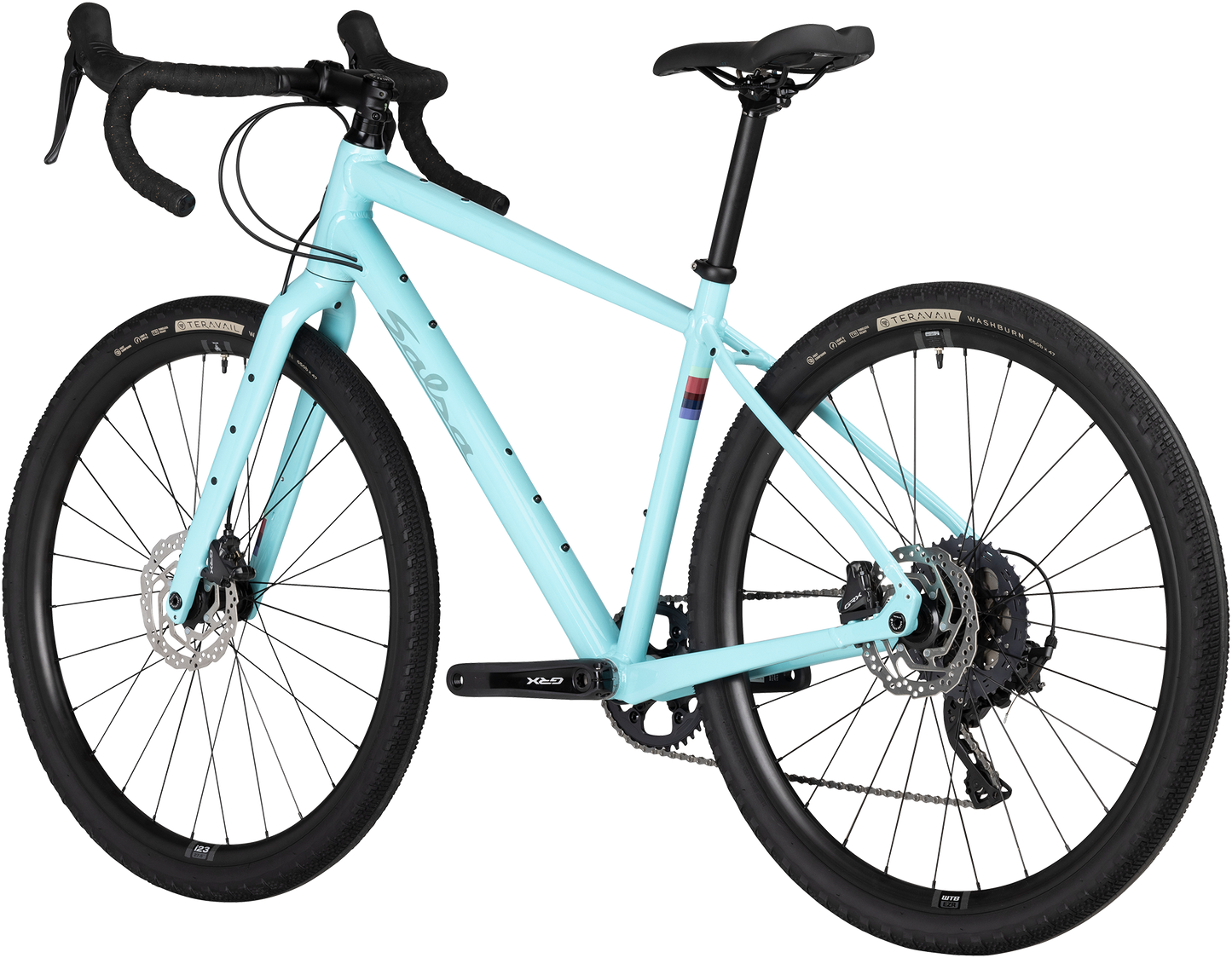 Salsa Journery GRX 810 650b bike, blue, rear three-quarter view, on white background