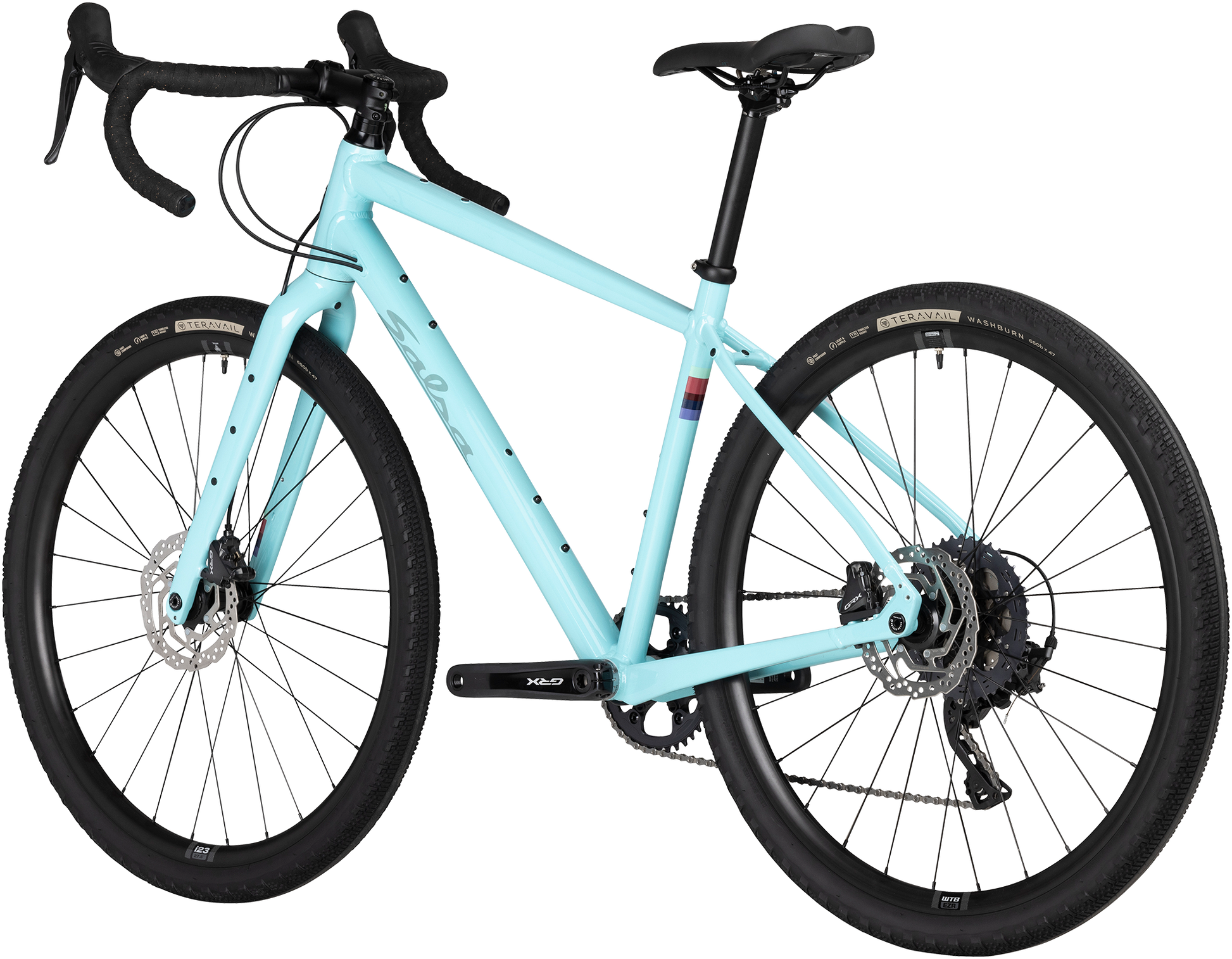 Salsa Journery GRX 810 650b bike, blue, rear three-quarter view, on white background