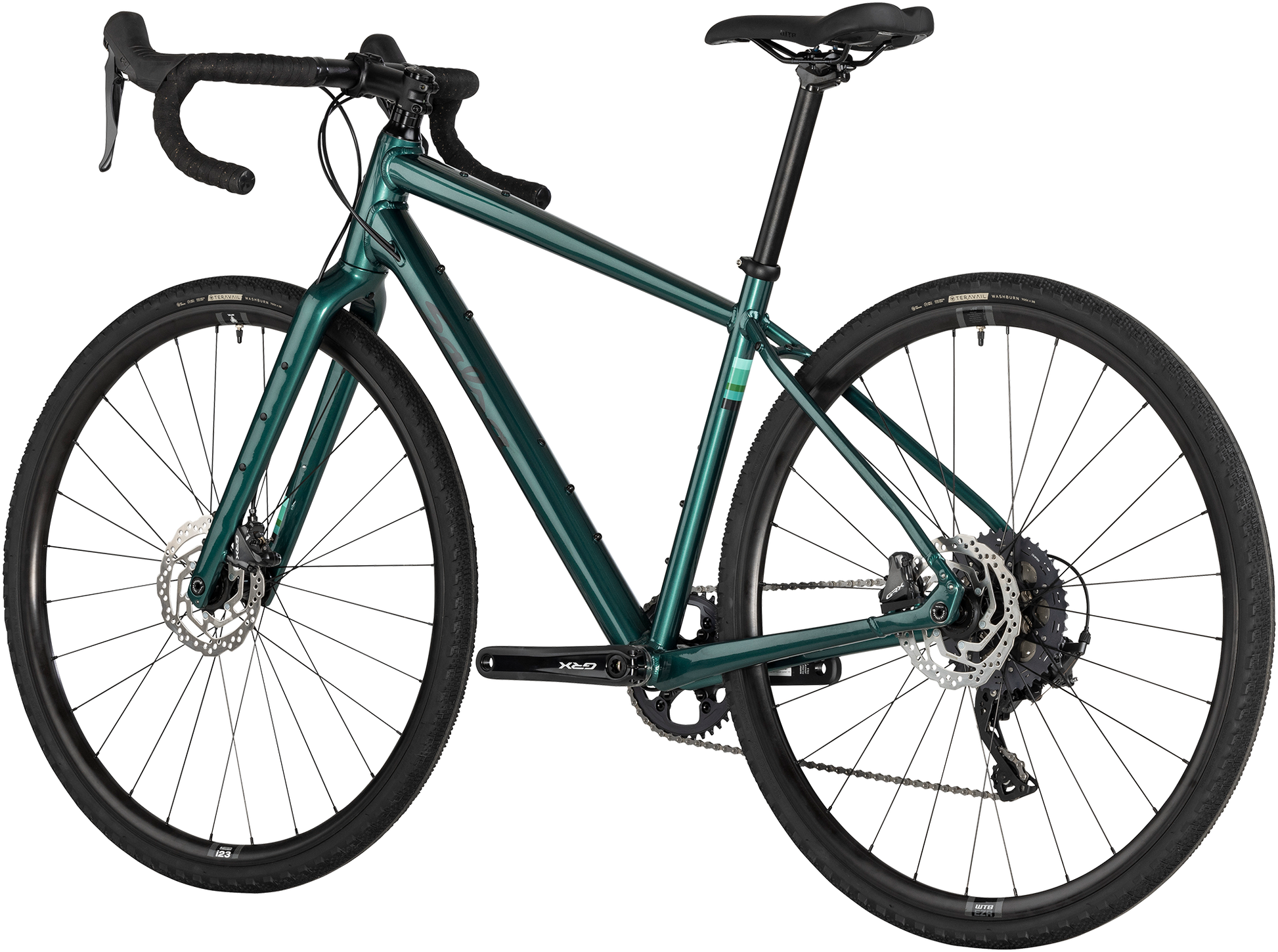 Salsa Journeyer GRX 810 700c bike, green, rear three-quarter view, on white background