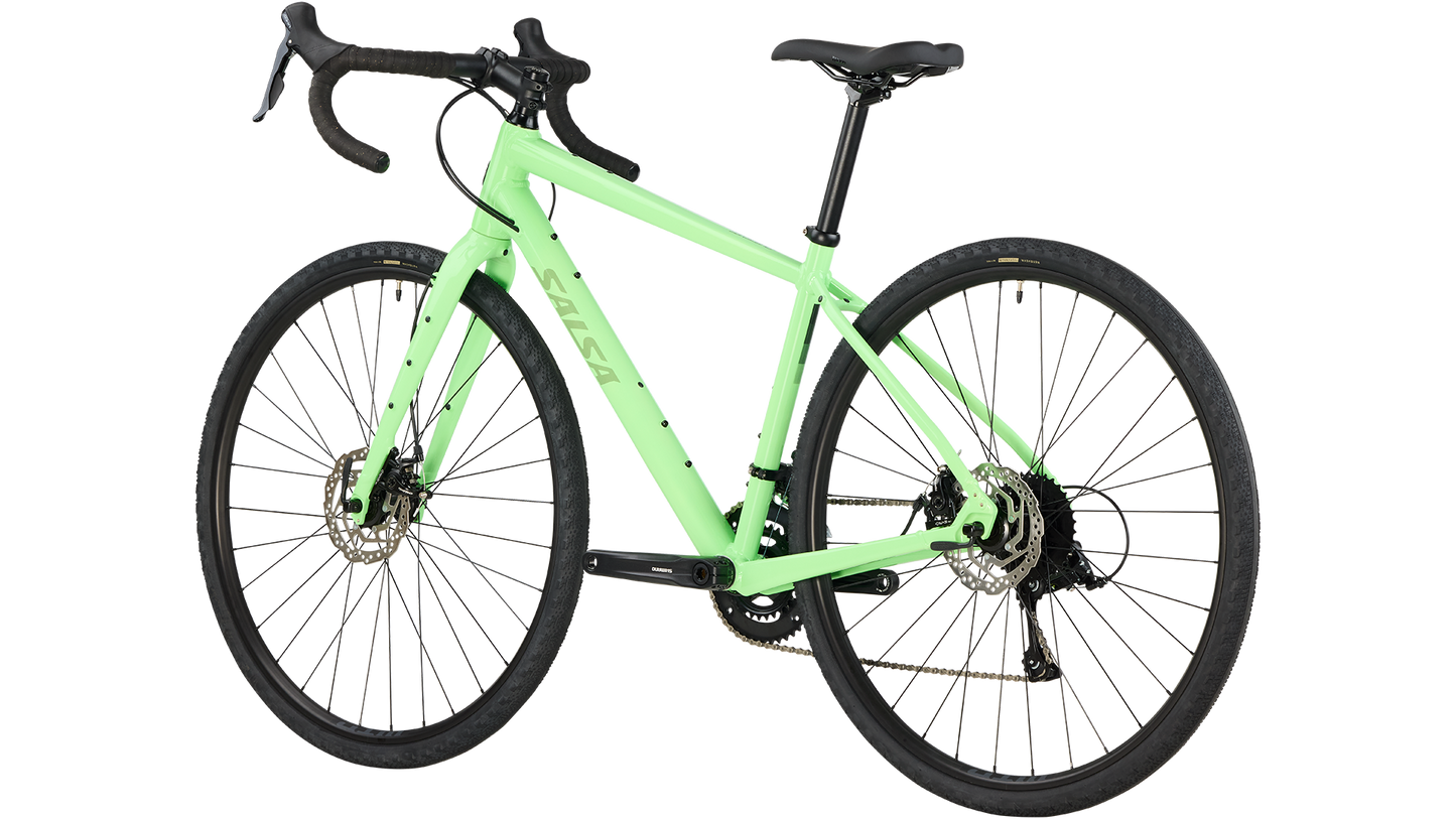 Salsa Journeyer Sora bike green rear three-quarter view