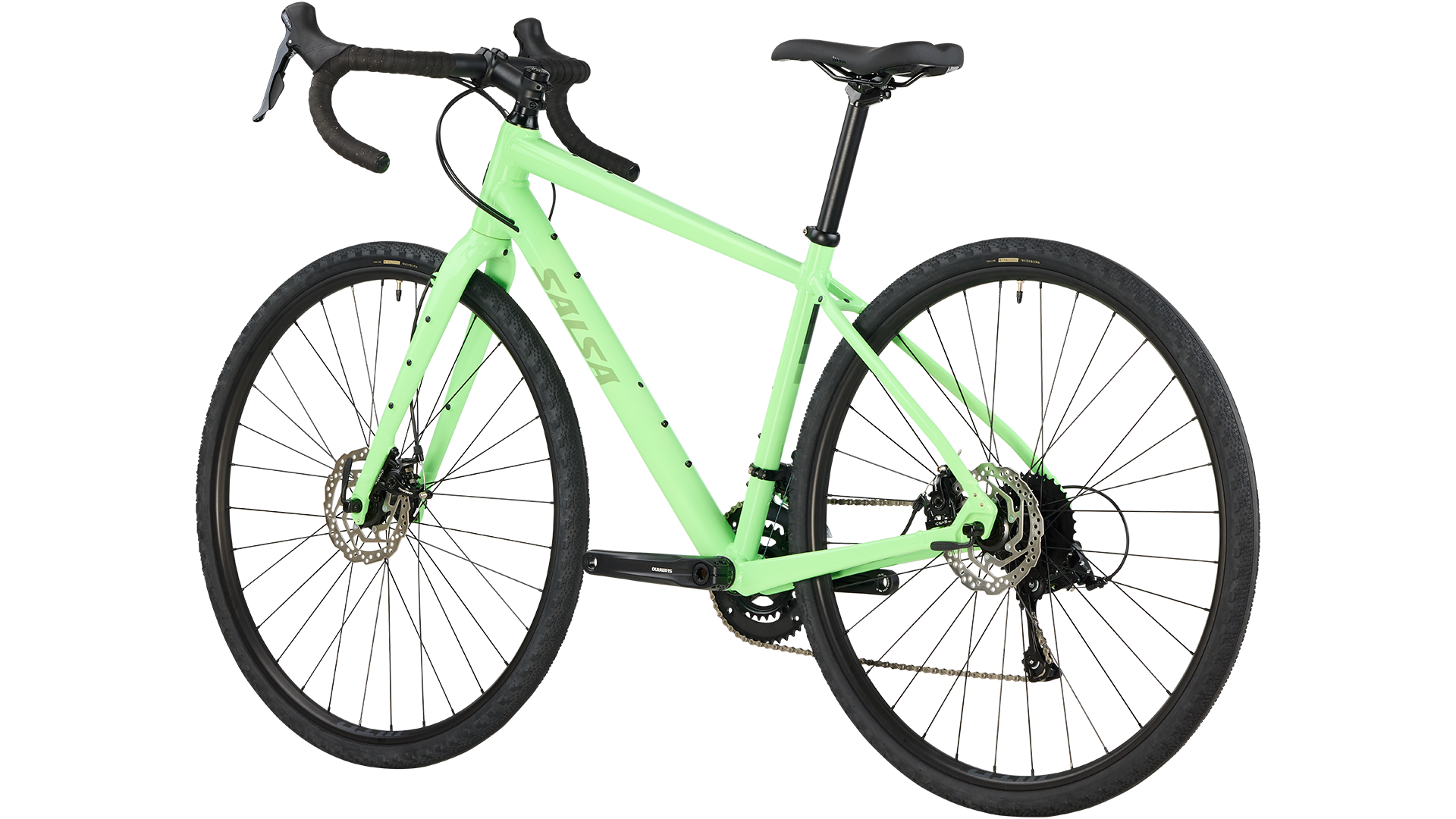 Salsa Journeyer Sora bike green rear three-quarter view