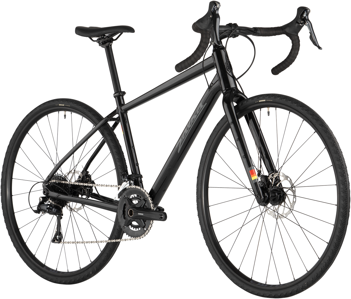 Salsa Journeyer Sora 700c bike, black, front three-quarter view on white background