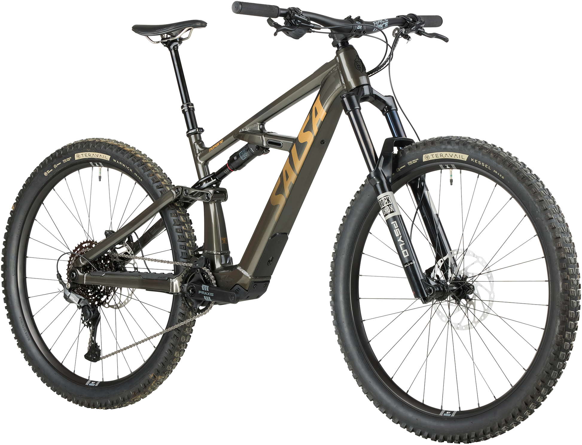 Salsa Moraine CUES 10 trail ebike black color front three-quarter view on white background