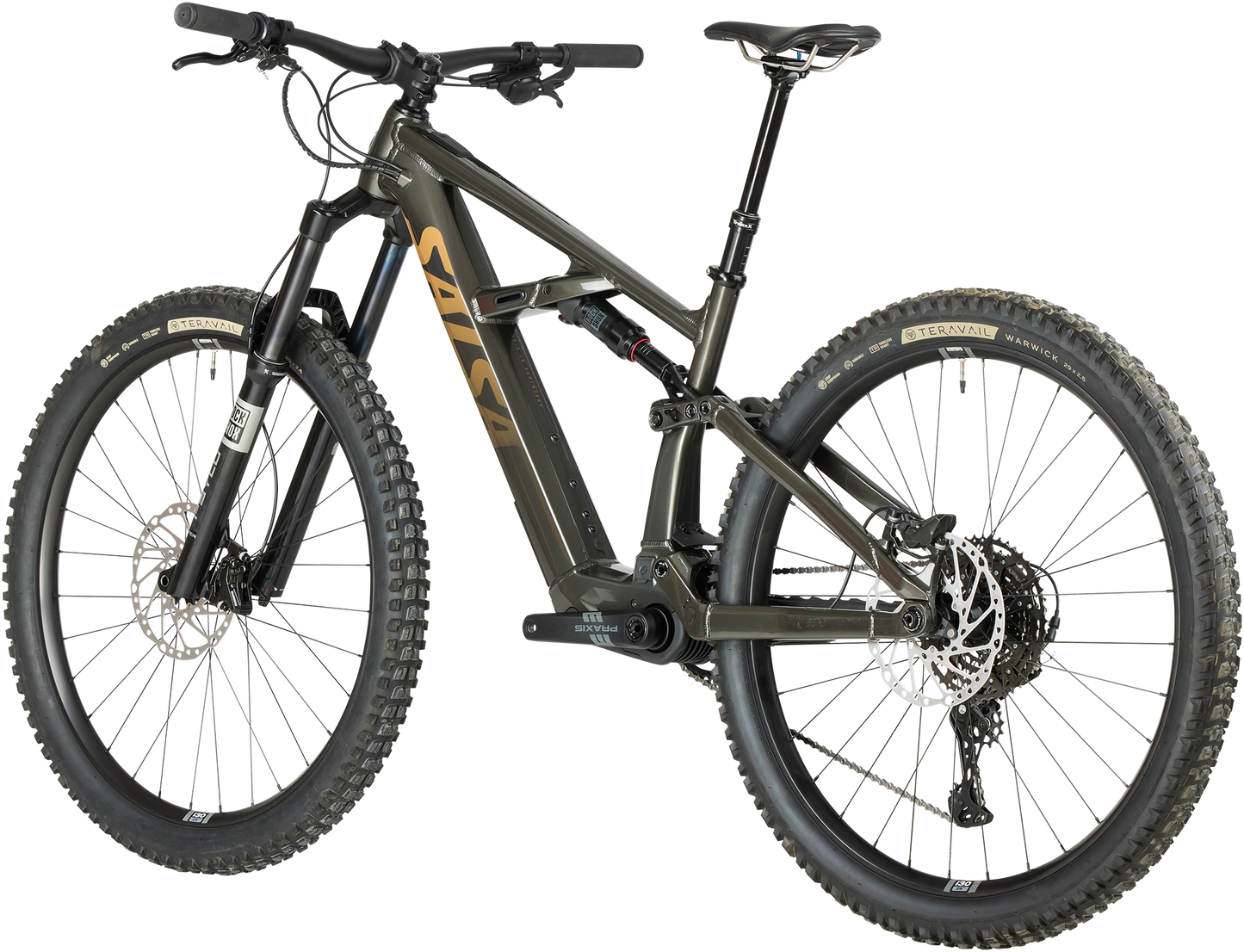 Salsa Moraine CUES 10 trail ebike black color rear three-quarter view on white background