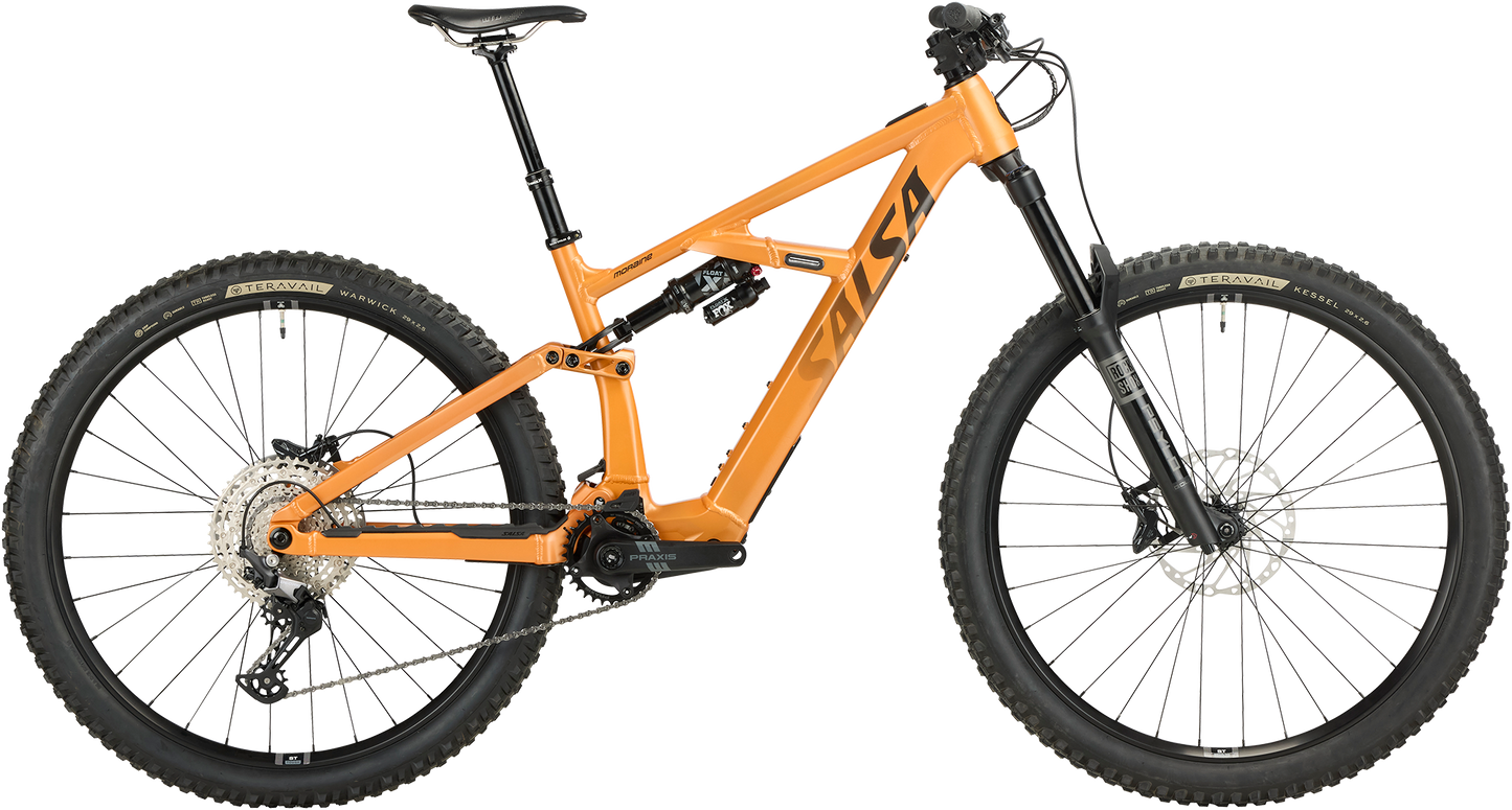 Salsa Moraine Deore 12 trail ebike orange color side view on white background