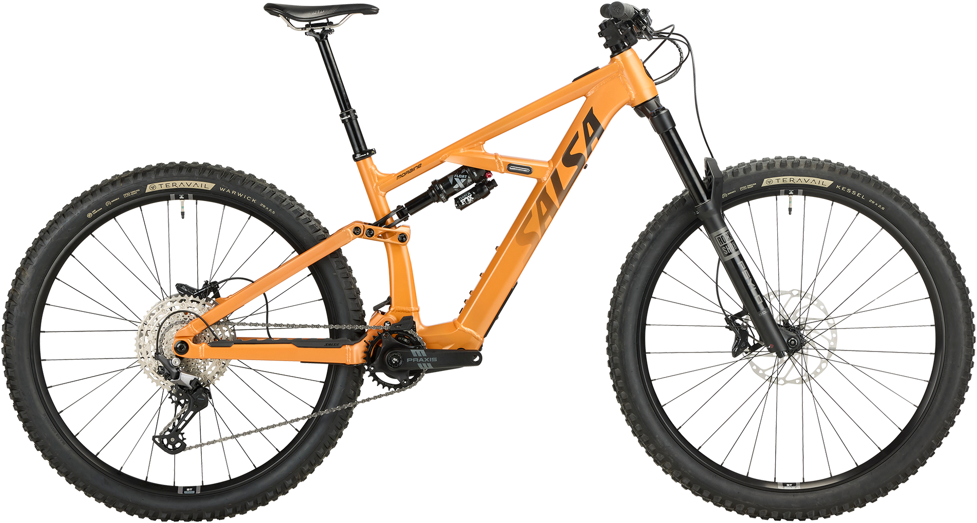 Salsa Moraine Deore 12 trail ebike orange color side view on white background