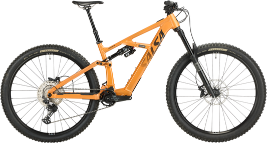 Salsa Moraine Deore 12 trail ebike orange color side view on white background