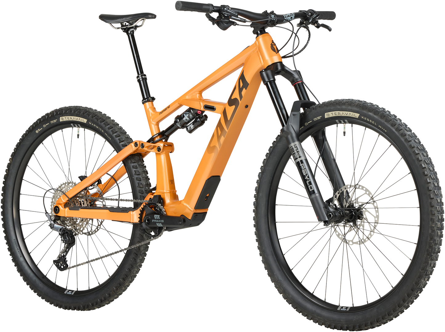 Salsa Moraine Deore 12 trail ebike orange color front three-quarter view on white background