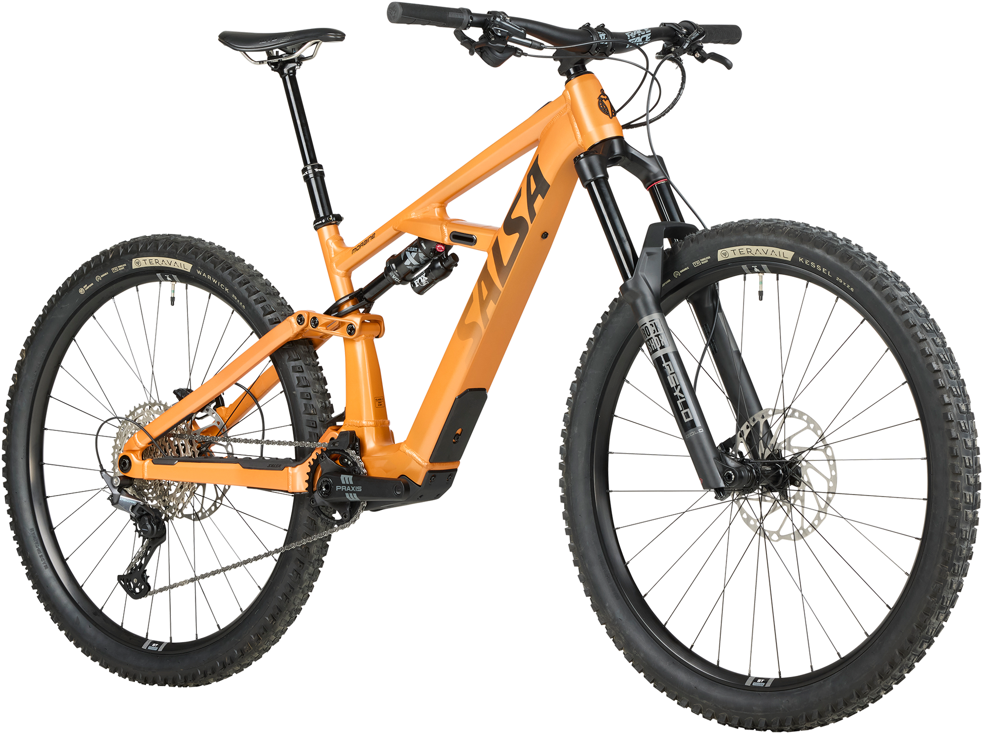 Salsa Moraine Deore 12 trail ebike orange color front three-quarter view on white background