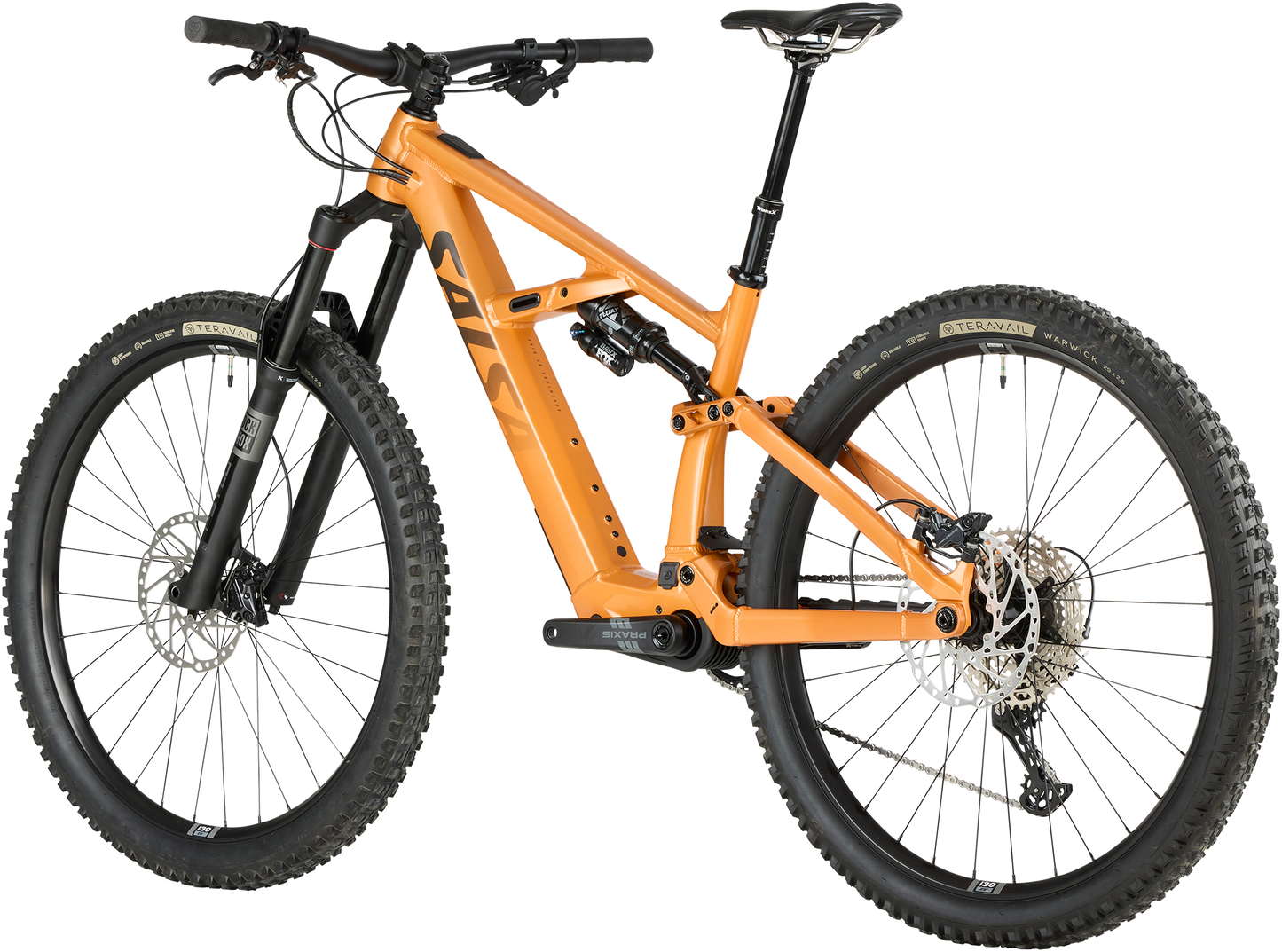 Salsa Moraine Deore 12 trail ebike orange color rear three-quarter view on white background