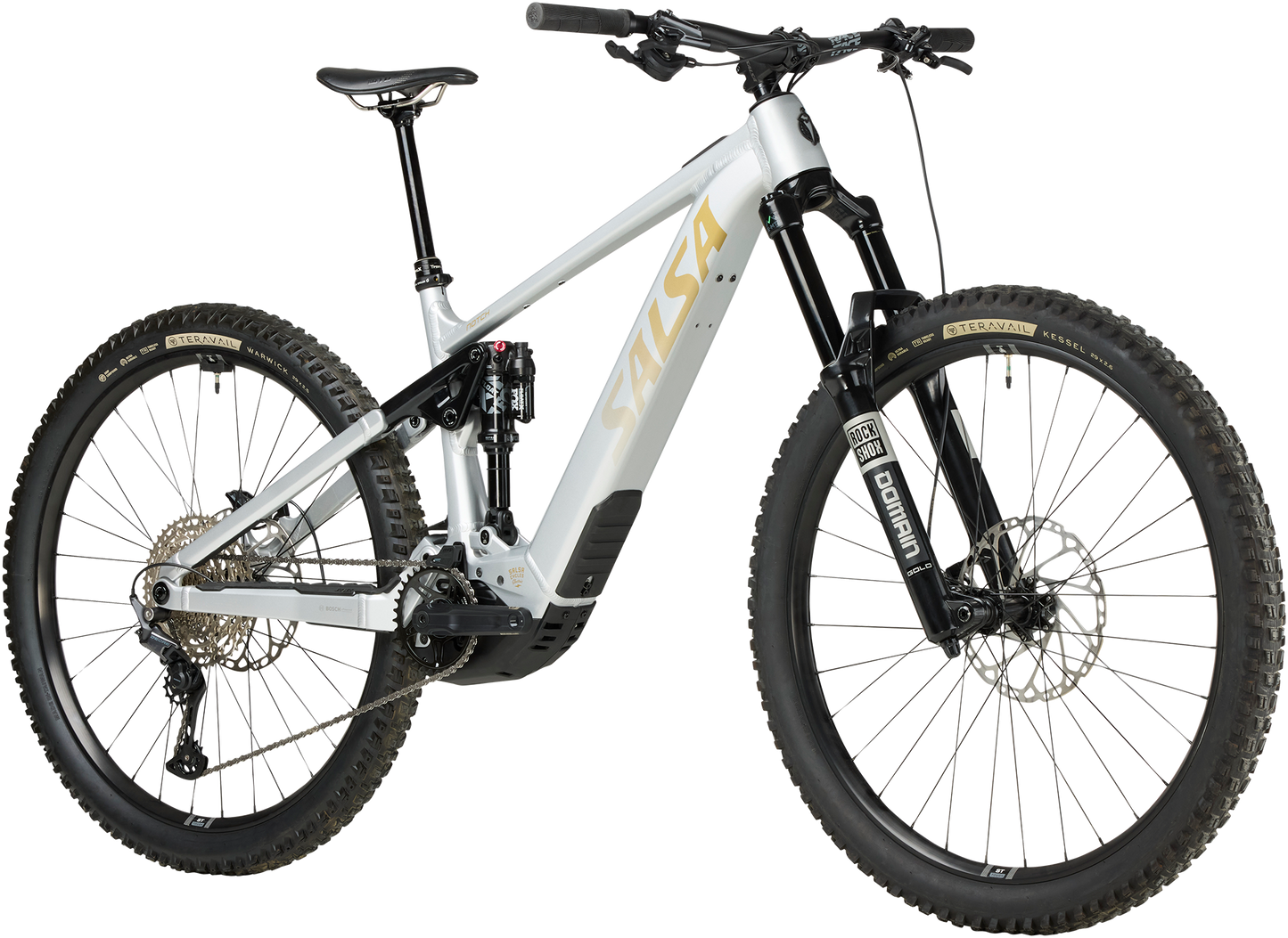 Salsa Notch Deore 12 eMTB bike front three-quarter view on white background