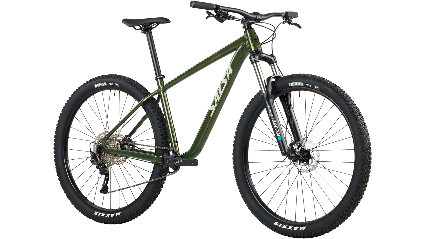 Salsa Rangefinder Deore 10 29 Moss Green color bike front three-quarter view