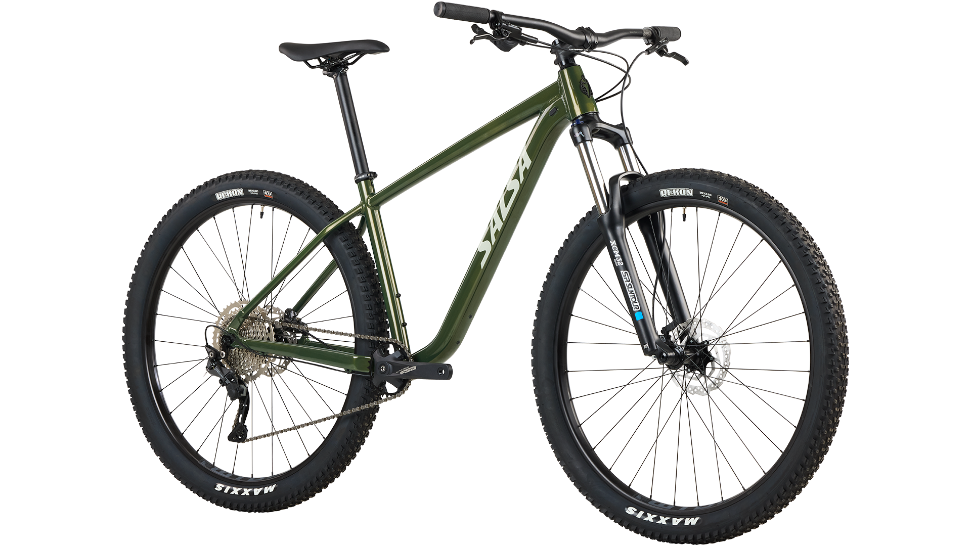 Salsa Rangefinder Deore 10 29 Moss Green color bike front three-quarter view