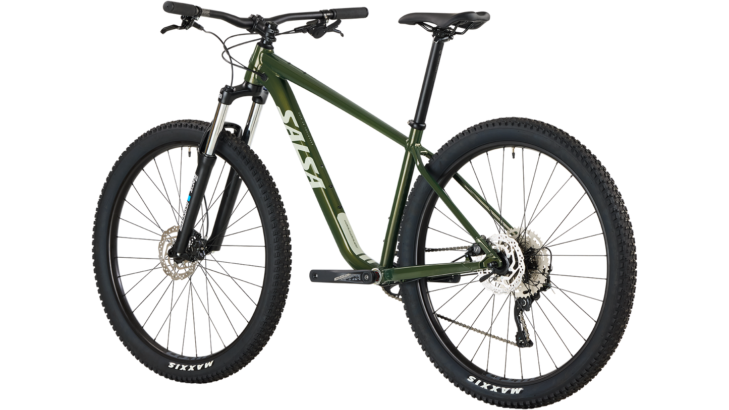 Salsa Rangefinder Deore 10 29 Moss Green color bike rear three-quarter view