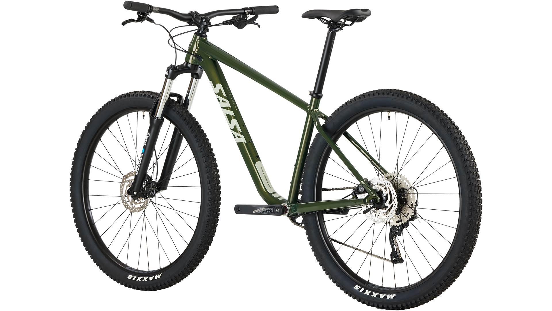 Salsa Rangefinder Deore 10 29 Moss Green color bike rear three-quarter view