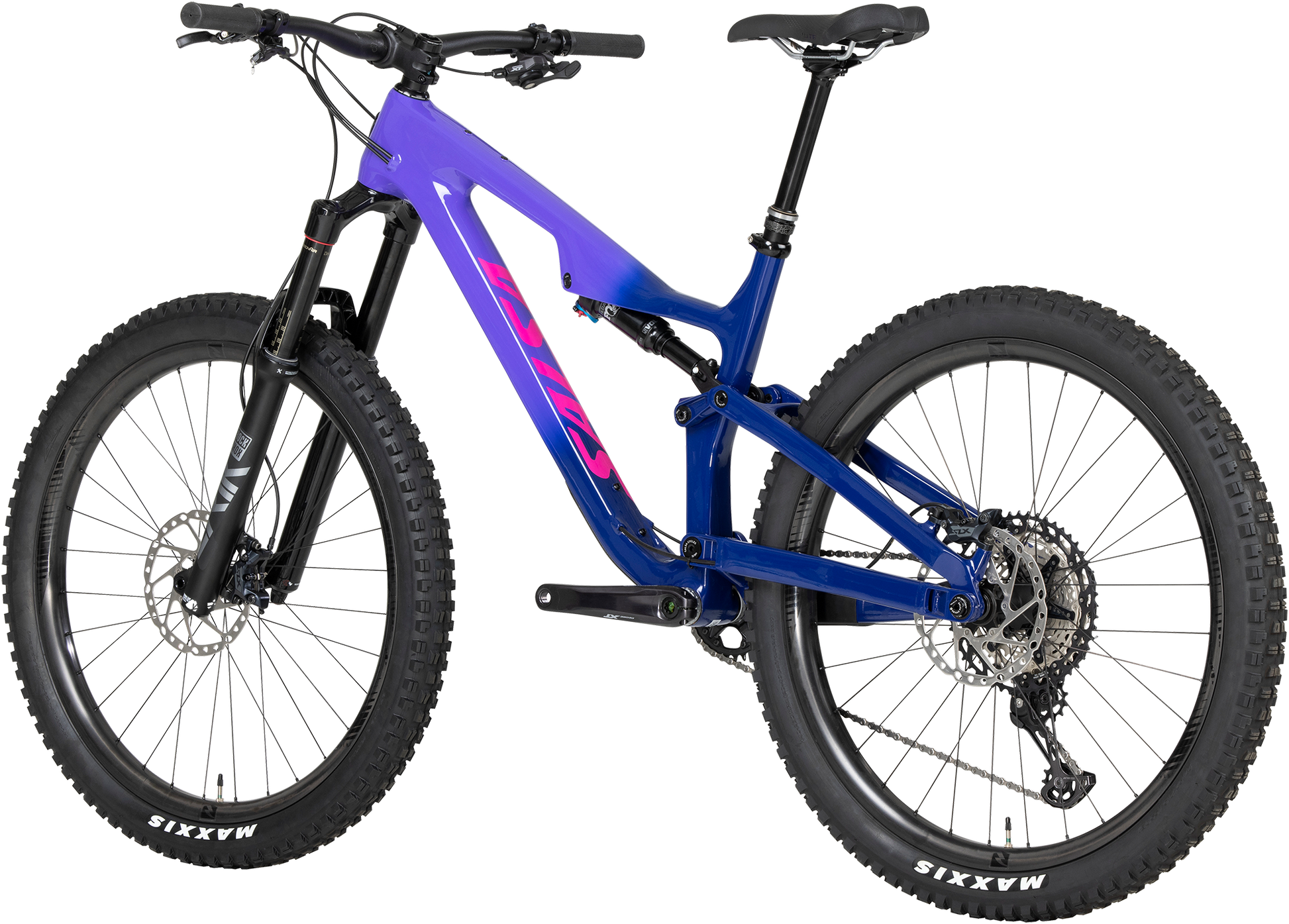 Salsa Rustler C XT bike purple fade rear three-quarter view