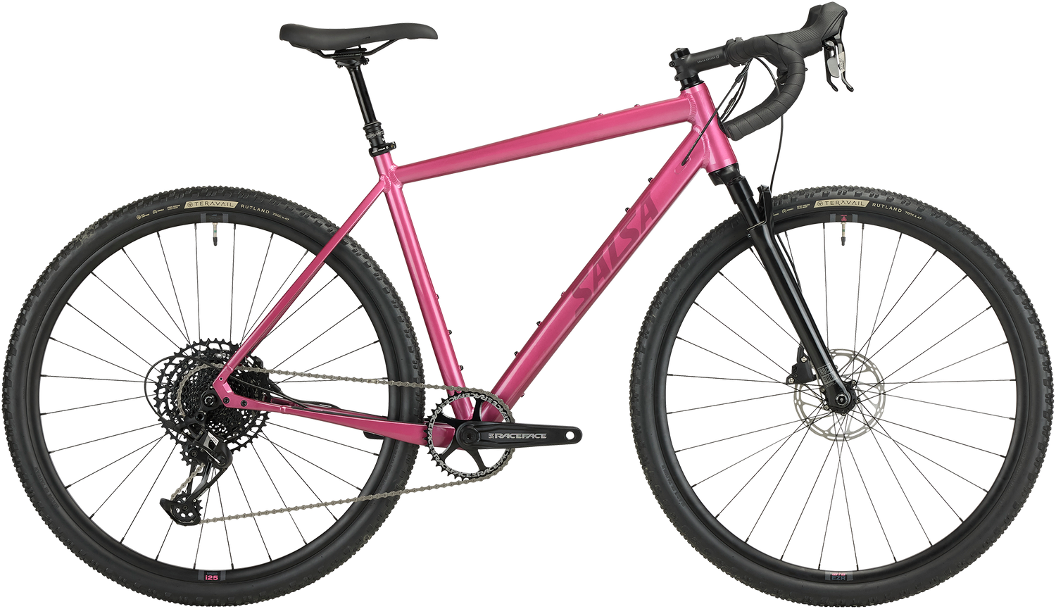 Salsa Stormchaser Apex Eagle Front Suspension gravel bike Berry color side view on white background