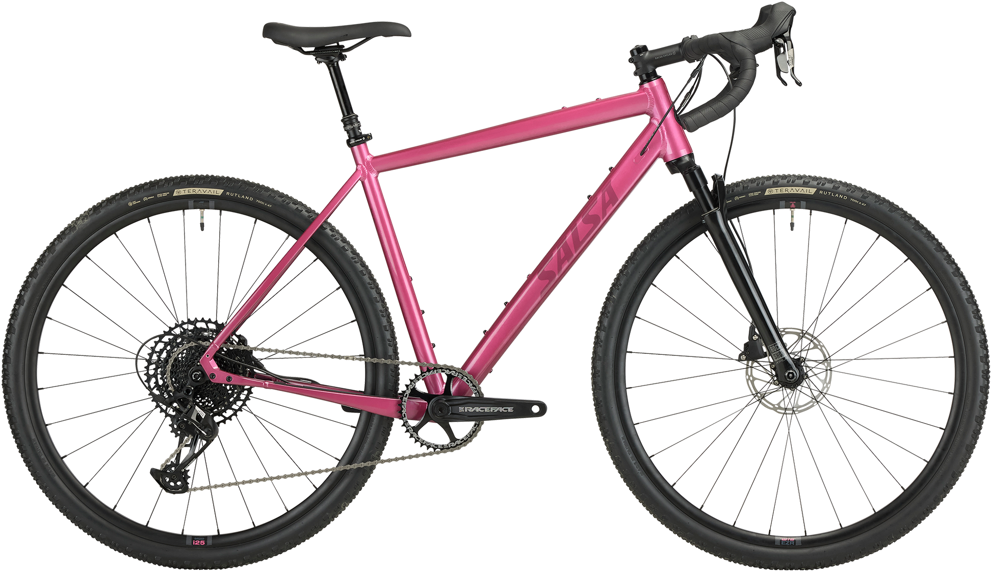 Salsa Stormchaser Apex Eagle Front Suspension gravel bike Berry color side view on white background