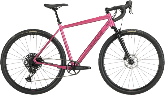 Salsa Stormchaser Apex Eagle Front Suspension gravel bike Berry color side view on white background