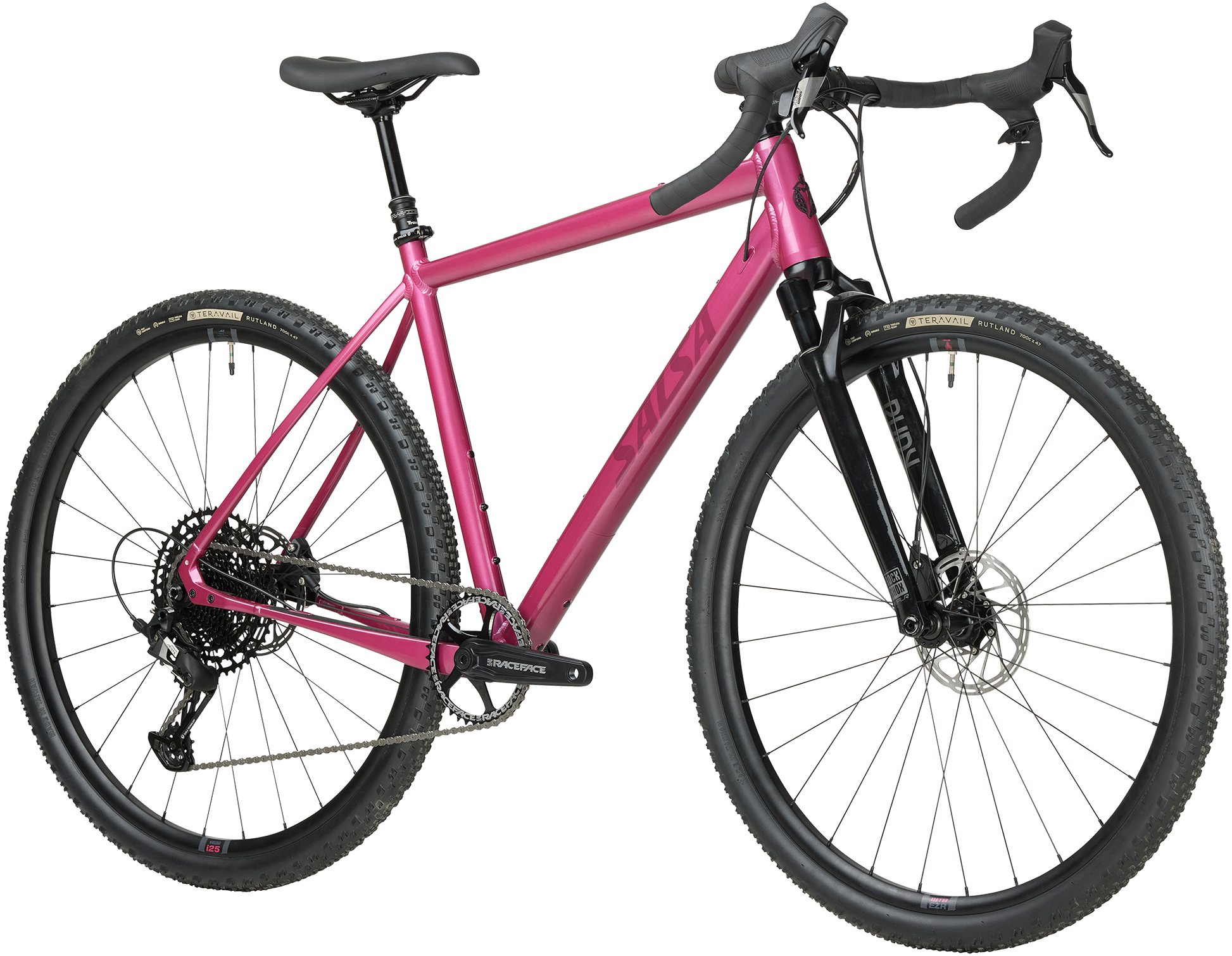 Salsa Stormchaser Apex Eagle Front Suspension gravel bike Berry color front three-quarter view on white background