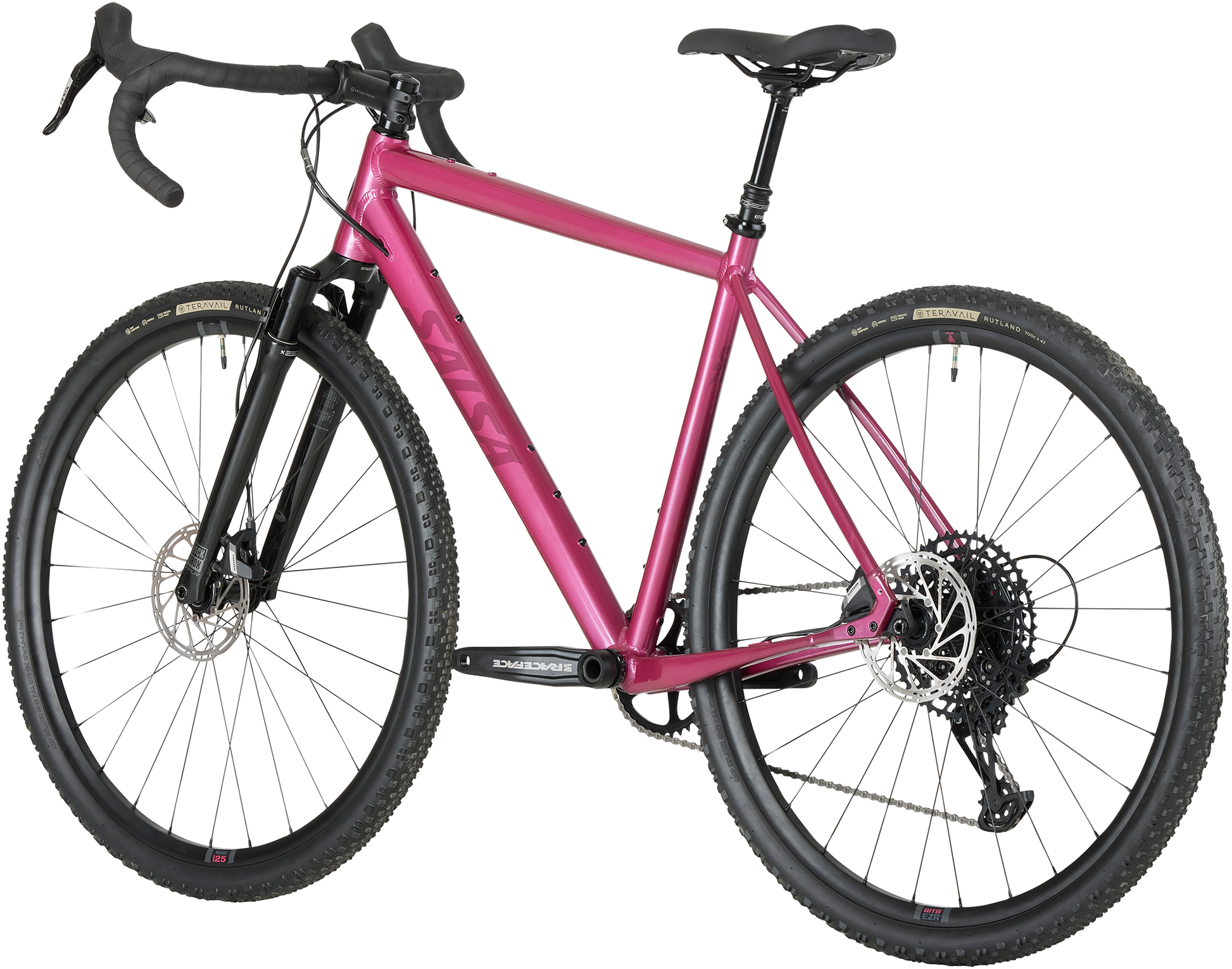 Salsa Stormchaser Apex Eagle Front Suspension gravel bike Berry color rear three-quarter view on white background