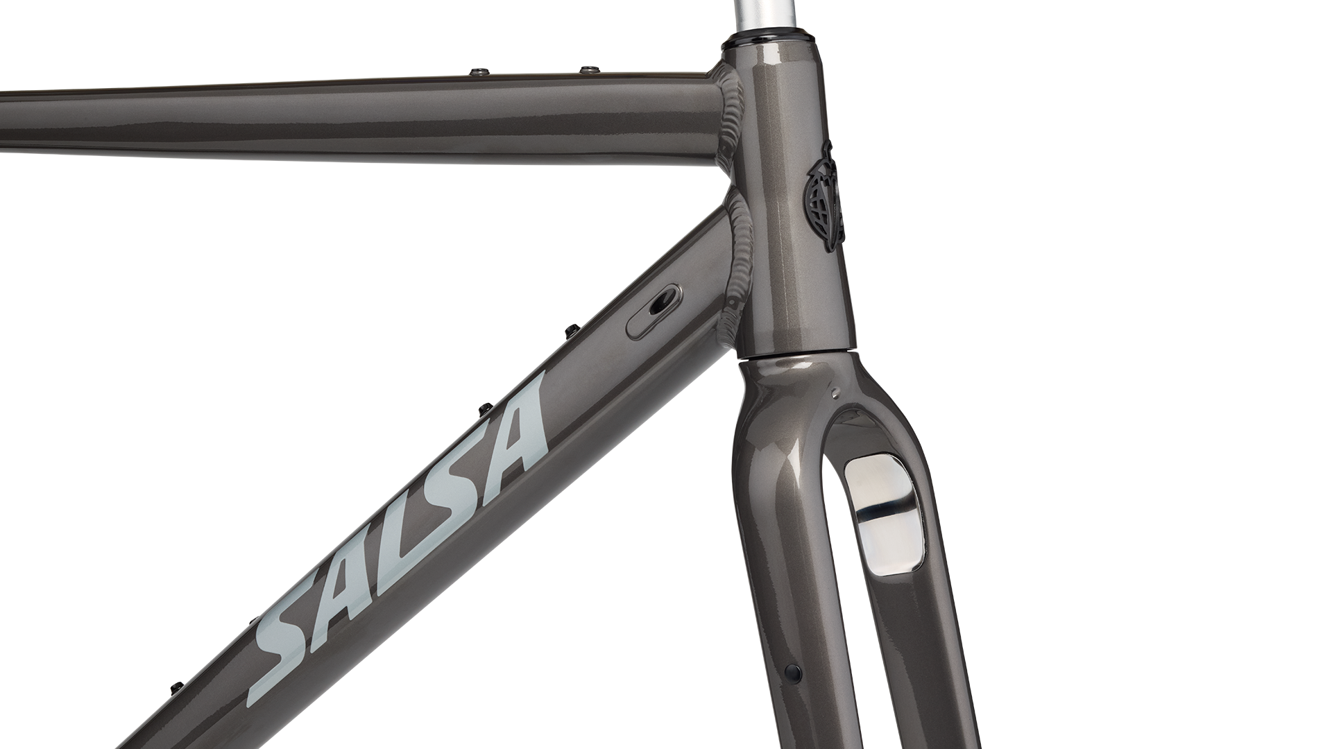 Salsa Stormchaser Frameset Metallic Black color front end detail