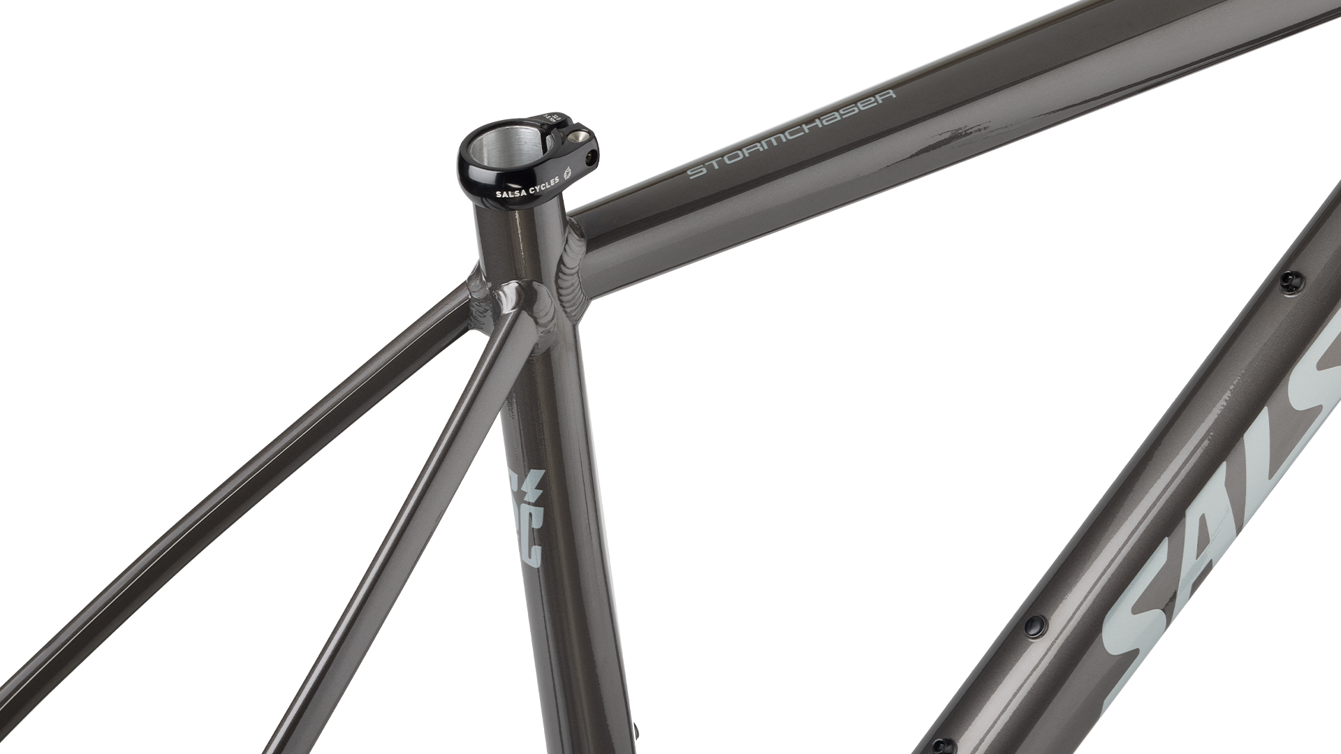 Salsa Stormchaser Frameset Metallic Black color seat tube / toptube / seat stay detail