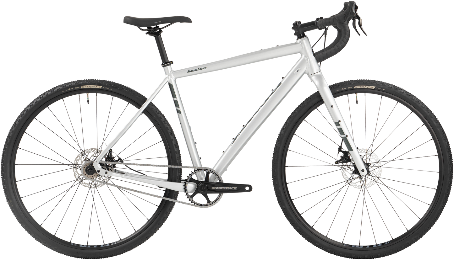 Salsa Stormchaser Single Speed bike side view, silver color, on white background