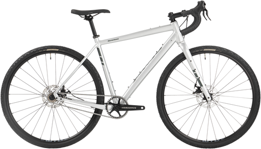 Salsa Stormchaser Single Speed bike side view, silver color, on white background