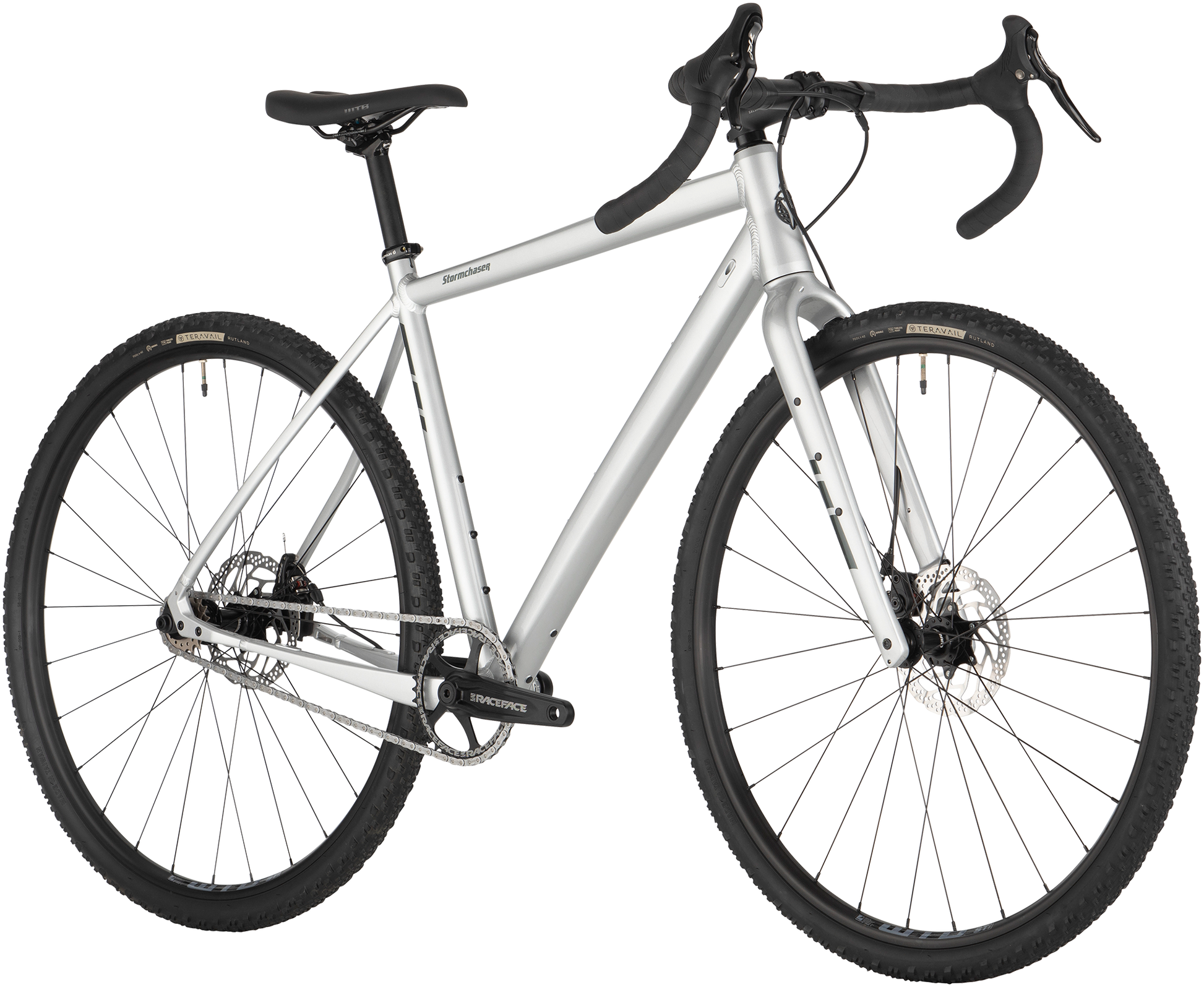 Salsa Stormchaser Single Speed bike three quarter front view, silver color, on white background