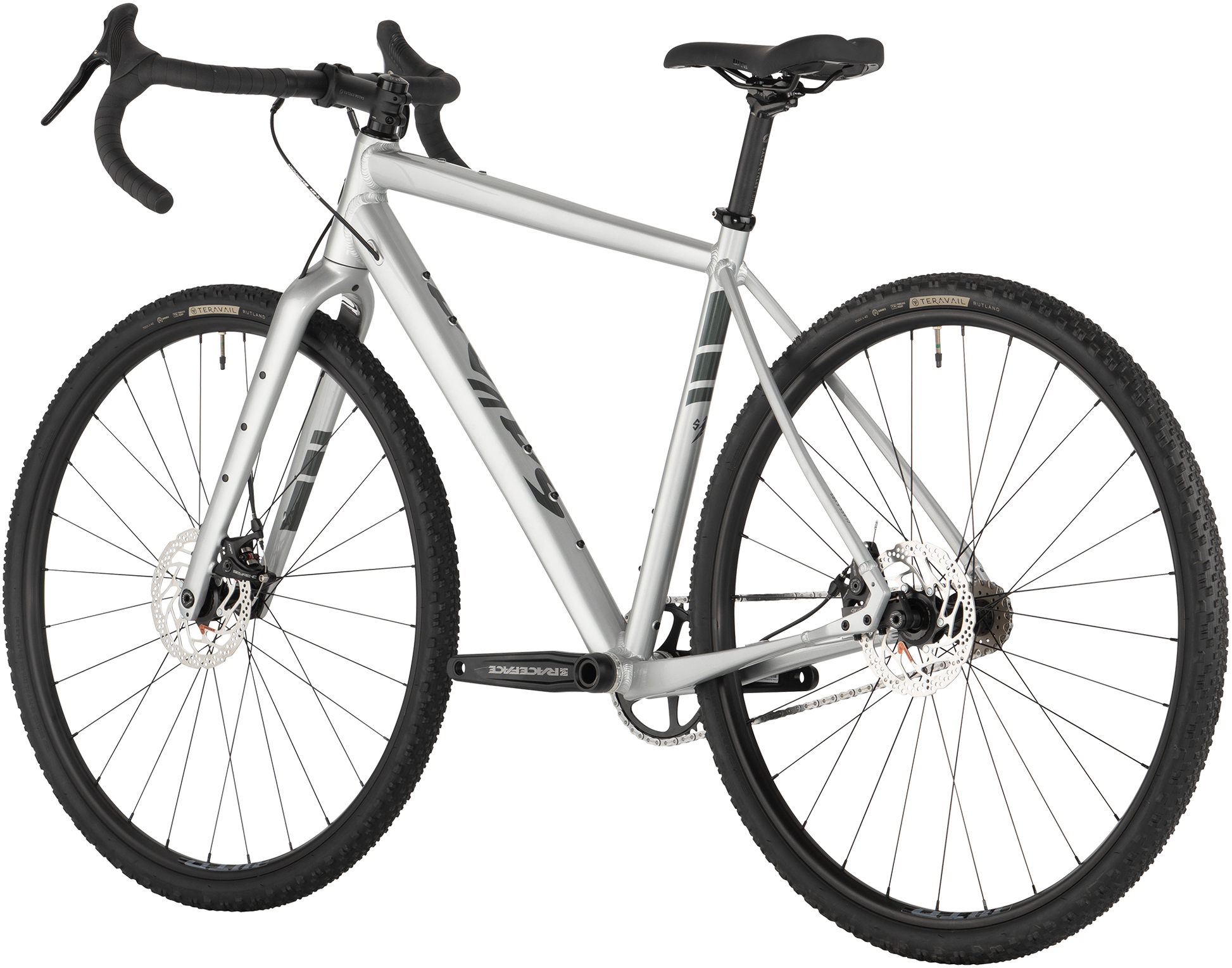 Salsa Stormchaser Single Speed bike three quarter front view, silver color, on white background