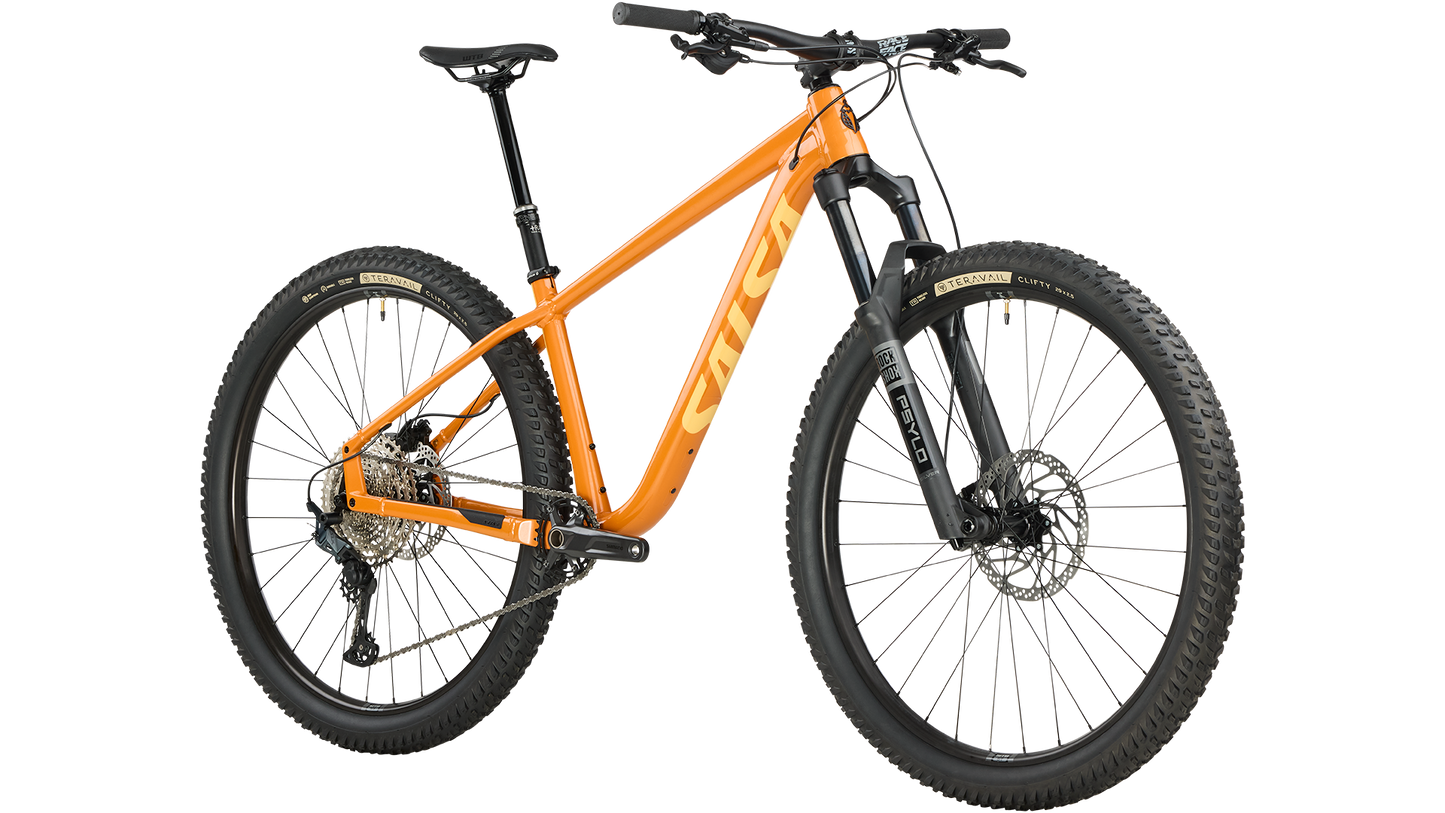 Salsa Timberjack SLX 29 orange mountain bike front three-quarter view