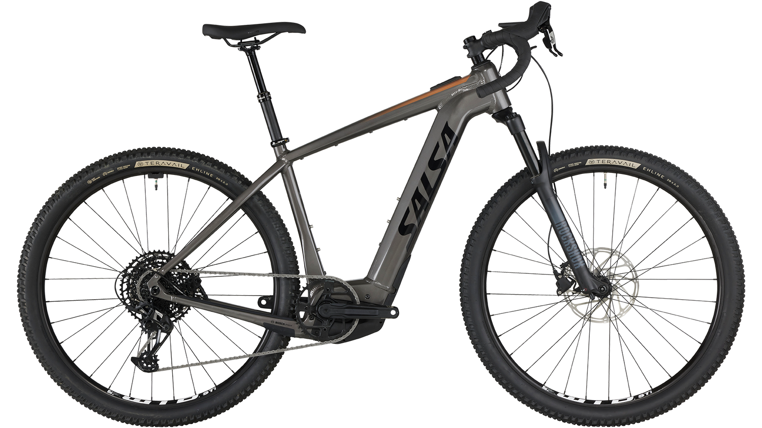 Salsa Tributary Ebike Apex Front Suspension in gray color side view on white background