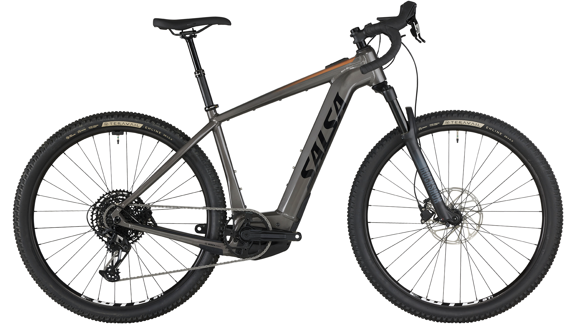 Salsa Tributary Ebike Apex Front Suspension in gray color side view on white background