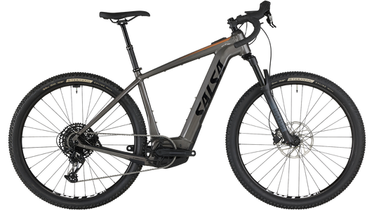 Salsa Tributary Ebike Apex Front Suspension in gray color side view on white background