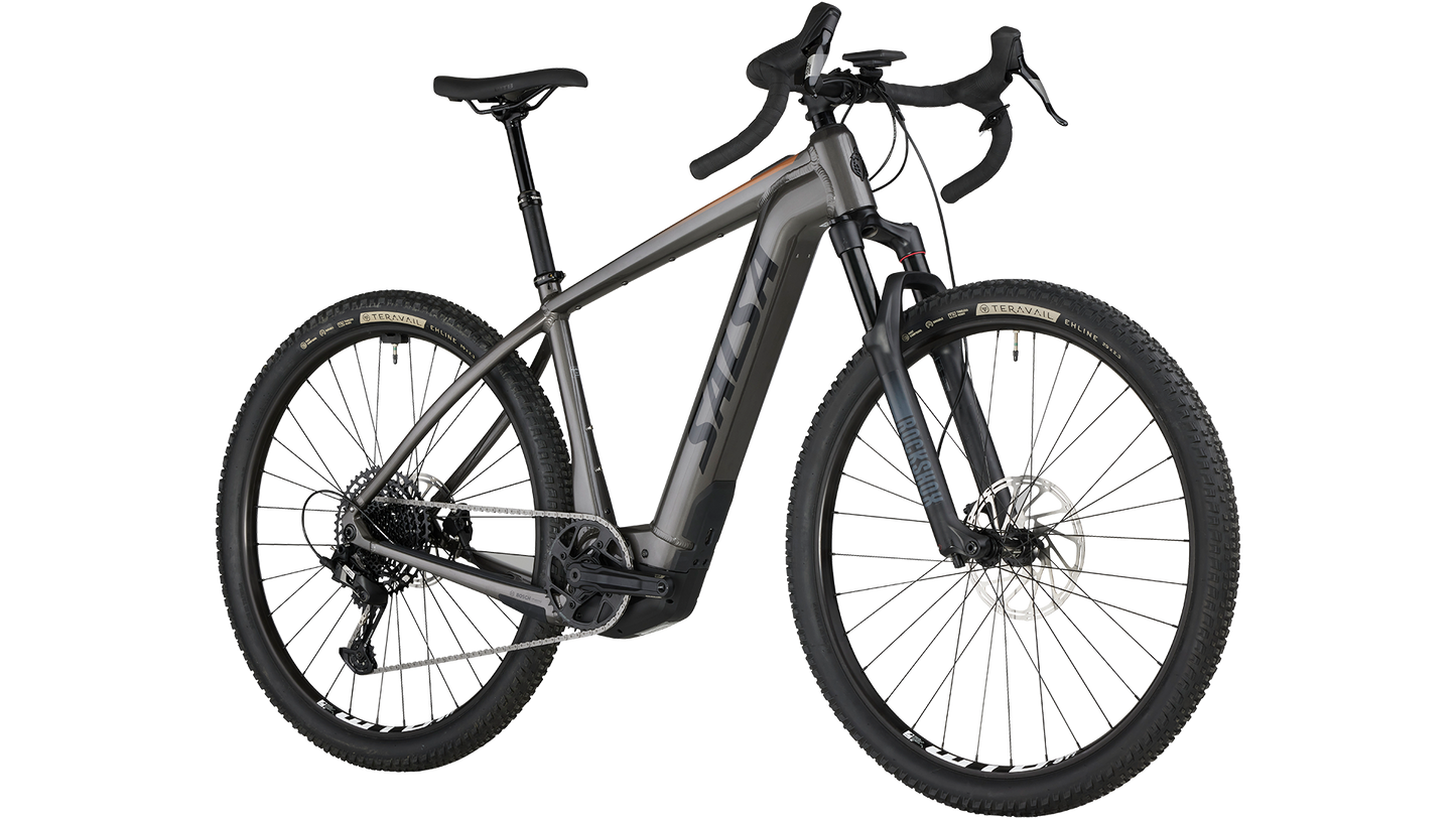 Salsa Tributary Ebike Apex Front Suspension in gray three-quarter front view on white background