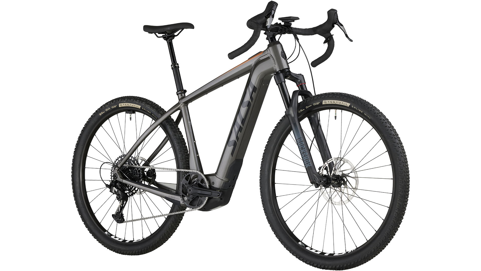 Salsa Tributary Ebike Apex Front Suspension in gray three-quarter front view on white background