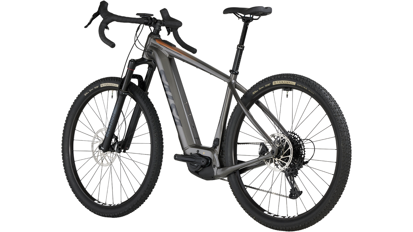 Salsa Tributary Ebike Apex Front Suspension in gray three-quarter rear view on white background