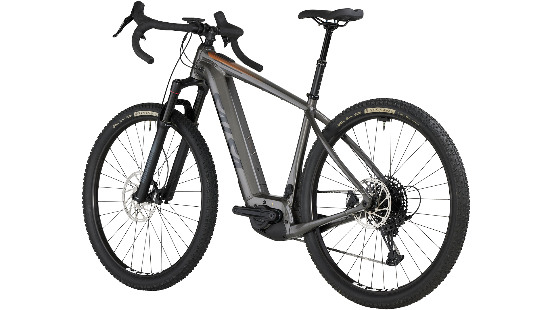 Salsa Tributary Ebike Apex Front Suspension in gray three-quarter rear view on white background