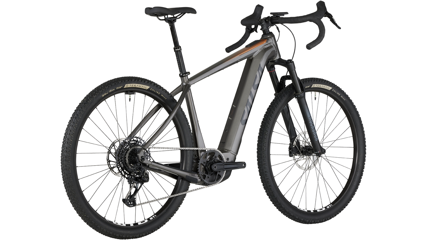 Salsa Tributary Ebike Apex Front Suspension in gray three-quarter drive side rear view on white background