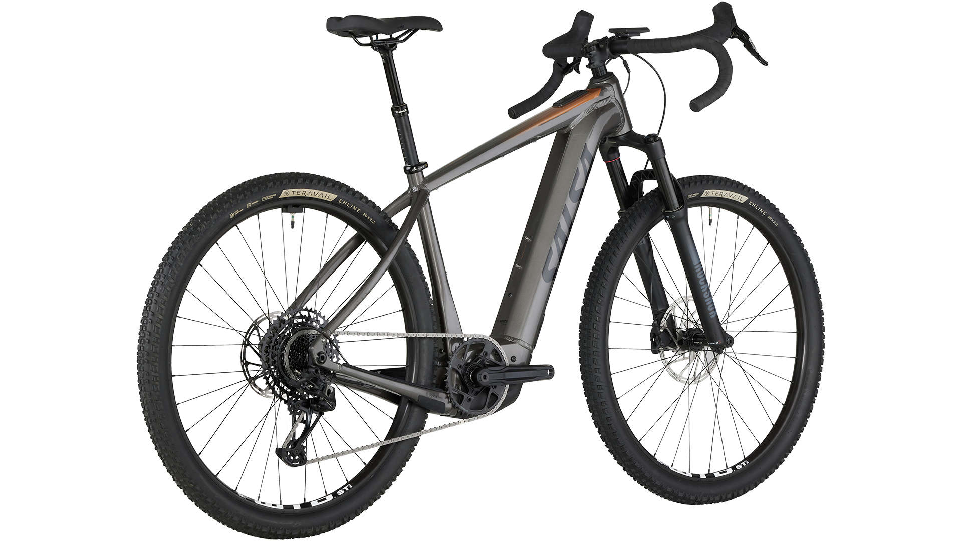 Salsa Tributary Ebike Apex Front Suspension in gray three-quarter drive side rear view on white background