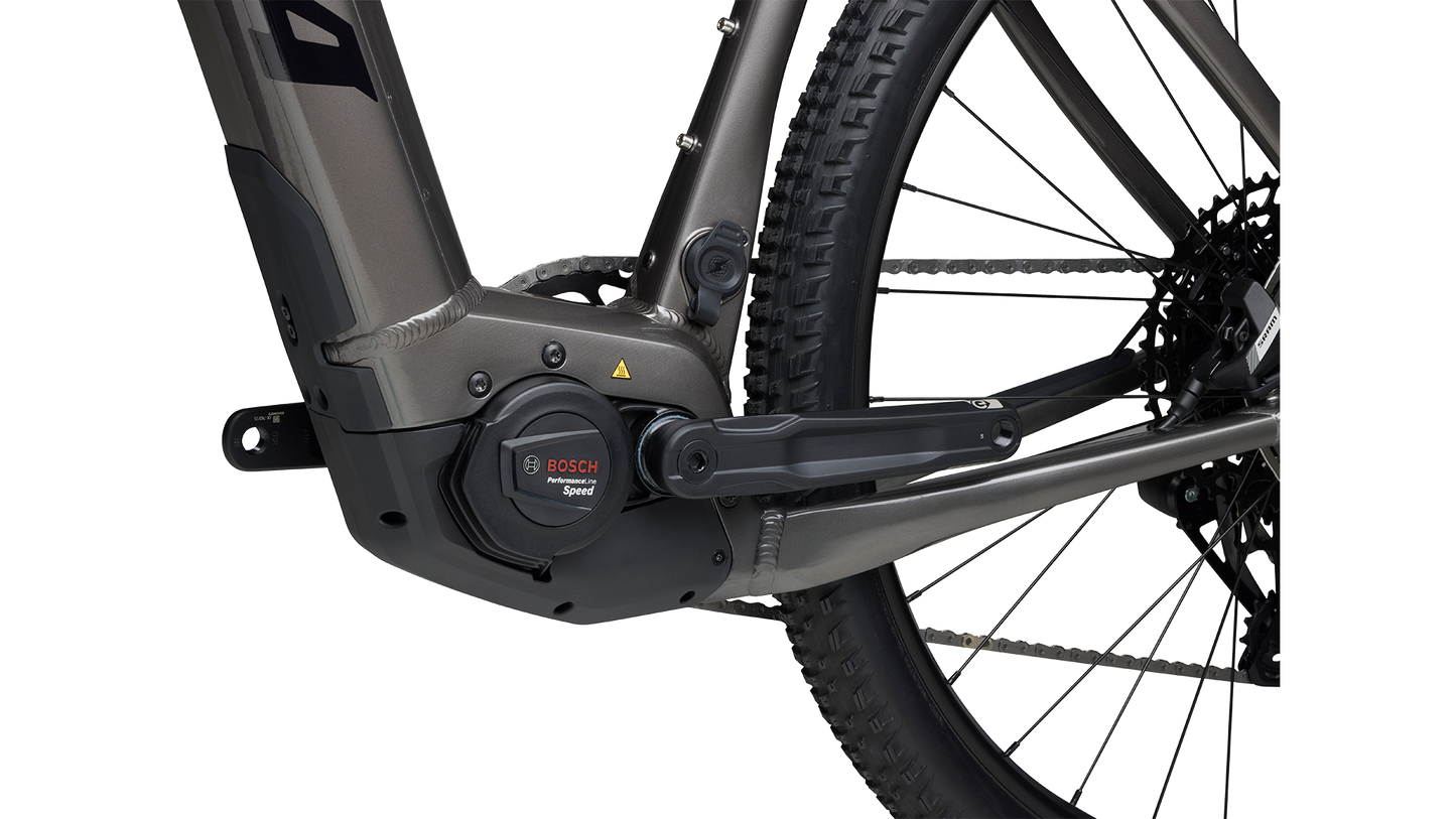 Salsa Tributary Ebike Apex Front Suspension in gray non drive side Bosch motor detail on white background