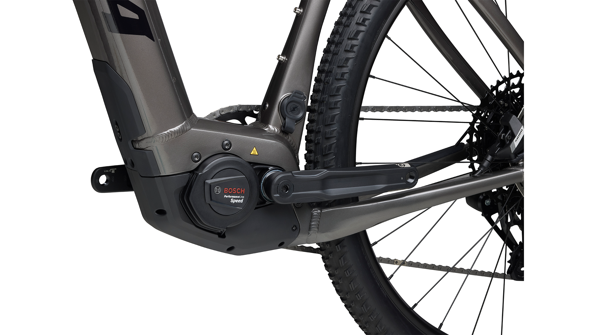 Salsa Tributary Ebike Apex Front Suspension in gray non drive side Bosch motor detail on white background