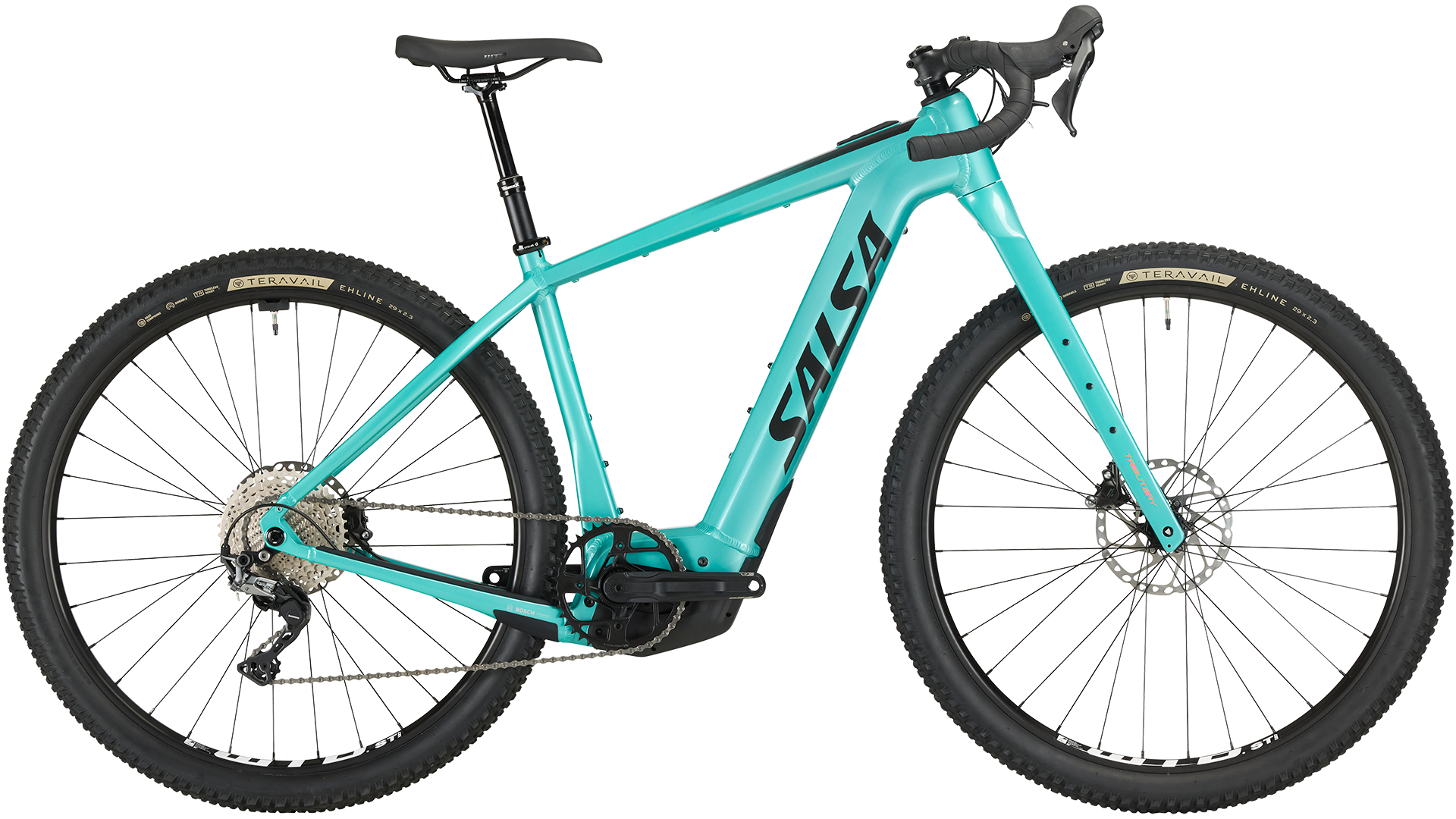 Salsa Tributary Ebike GRX 600 teal color side view on white background