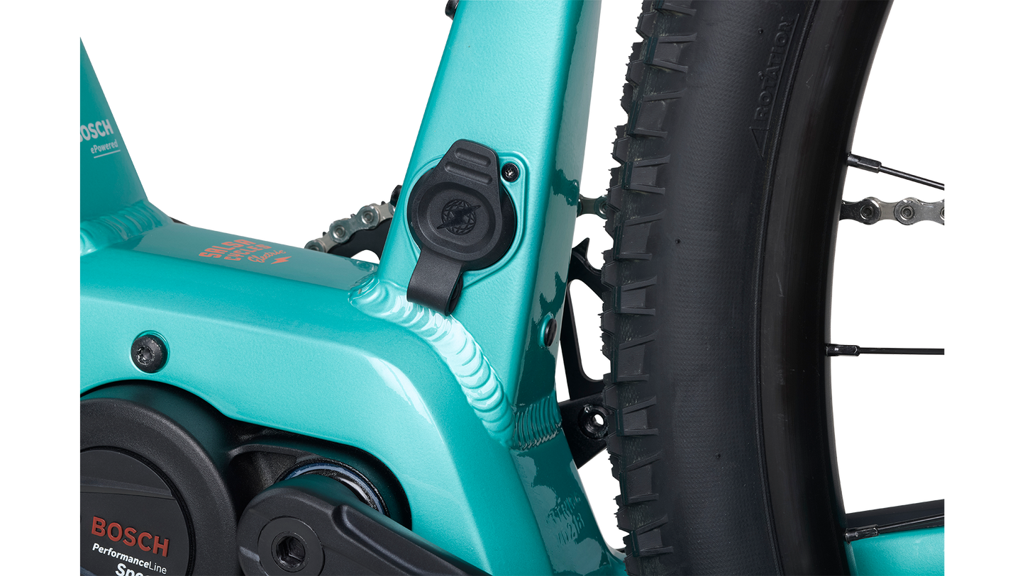 Salsa Tributary Ebike GRX 600 teal Bosch motor charging port detail on white background