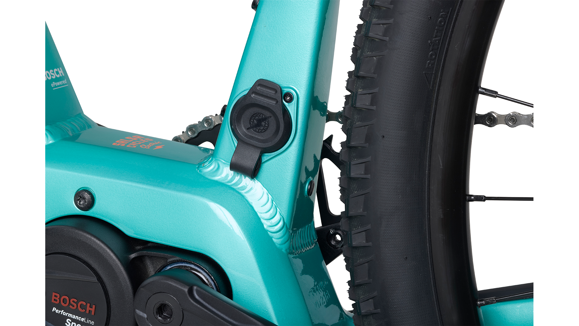 Salsa Tributary Ebike GRX 600 teal Bosch motor charging port detail on white background